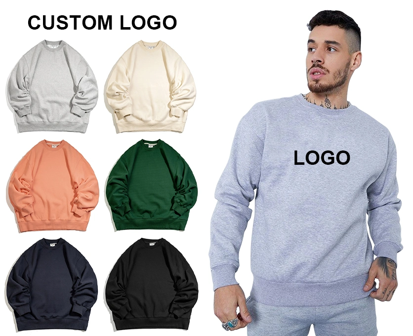 Mens French Terry Hoodies Sweatshirt Custom Logo Embroidery Blank Cotton Heavy Weight Unisex Oversized Crew Neck Crewneck Sweatshirt Men