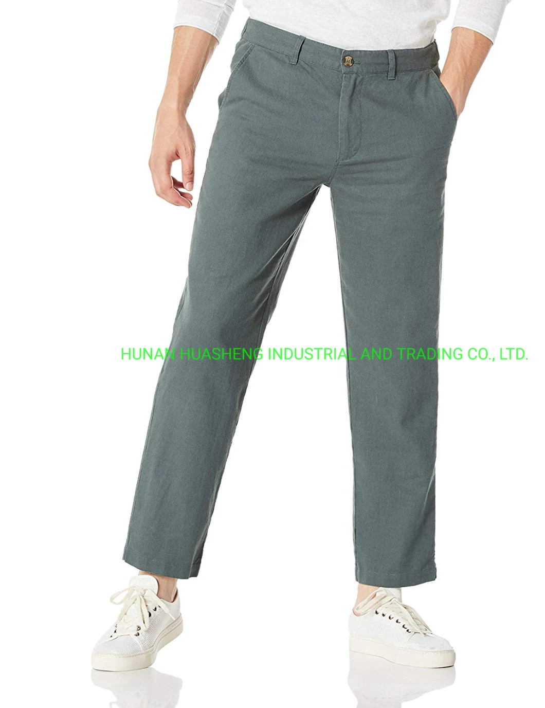 Men′s Breathable Drawstring Linen Cotton Blend Ninth Pants Grass Green